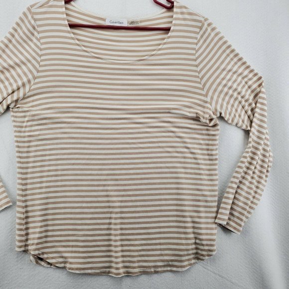 Calvin Klein Top Women's Long Sleeve Scoop Neck Striped T-Shirt Tan White Large - Picture 5 of 12